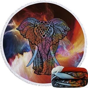Violet Mist Mandala Round Beach Towel Elephant Design 60” Microfiber Bohemian